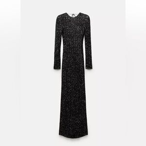 Zara ZW Collection Sequin Maxi Dress | Shoulder Pad Long Sleeve Black Dress